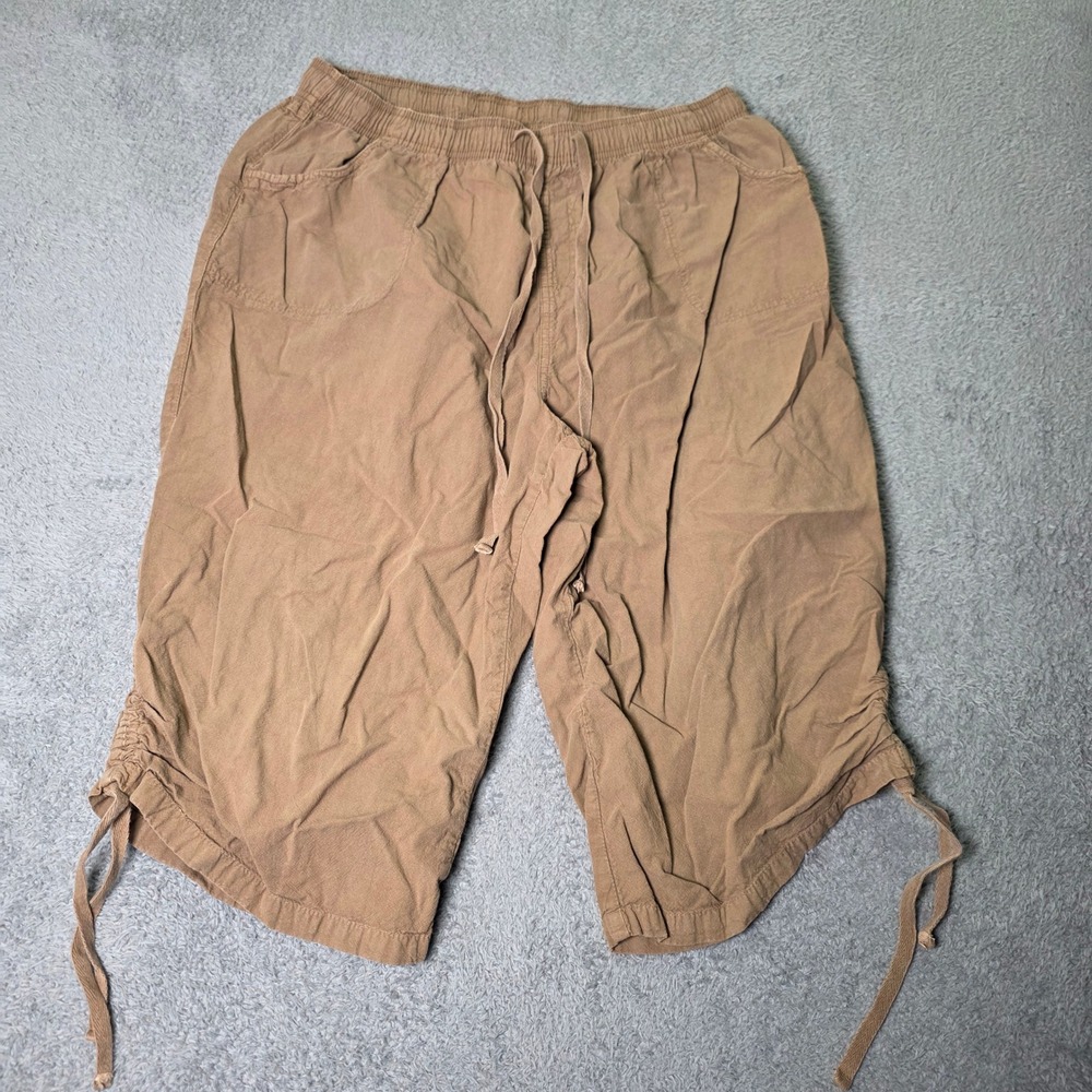 Gloria Vanderbilt Womens 1X Capri Pants Tan Brown Cotton Drawstring Ruched Hem
